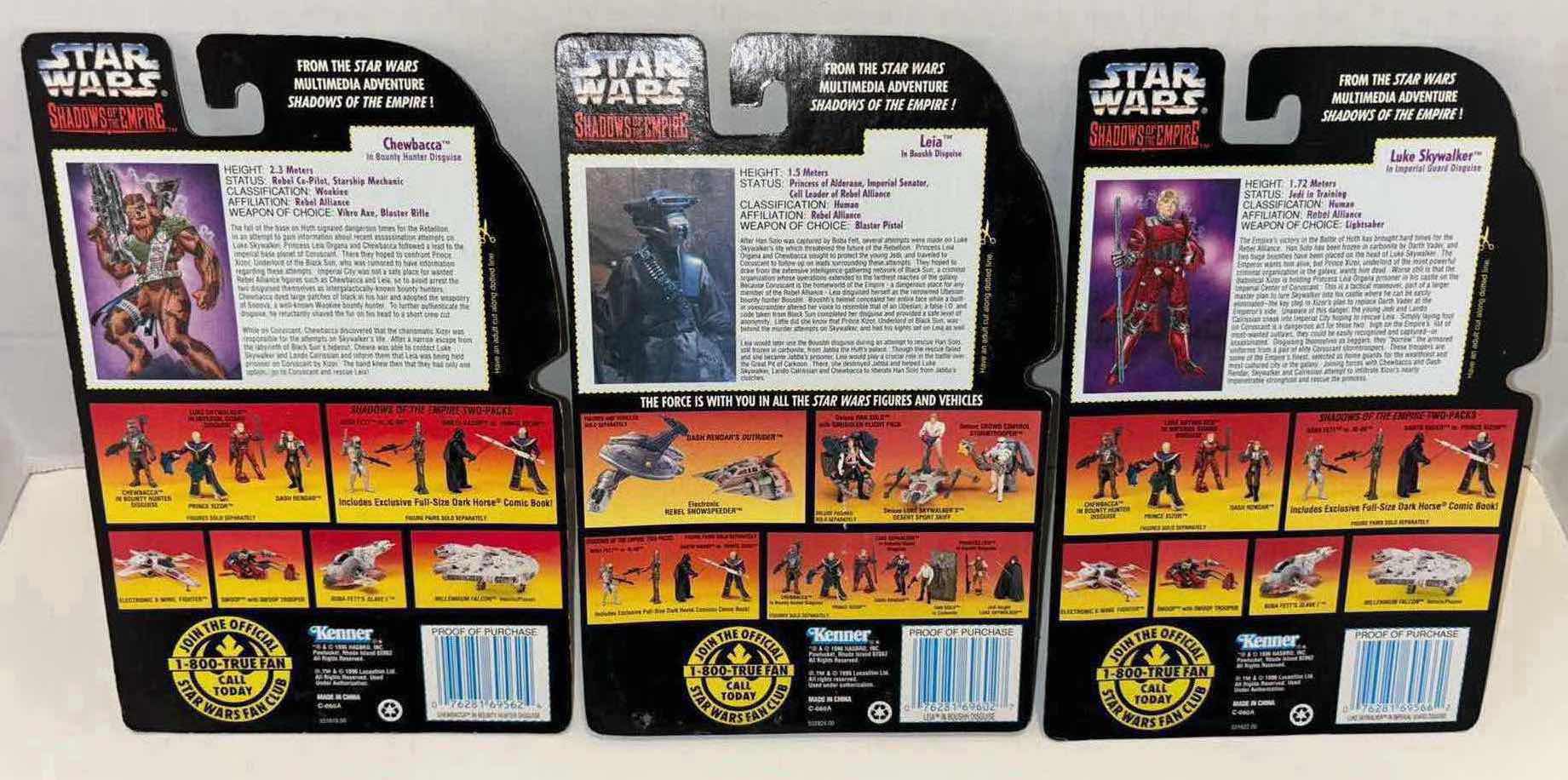 Photo 5 of NEW MINT COND 1996 HASBRO KENNER STAR WARS 3-PACK BUNDLE, SHADOWS OF THE EMPIRE “CHEWBACCA”, “LEIA” & “LUKE SKYWALKER” IN CLEAR CLAMSHELL PACKAGING