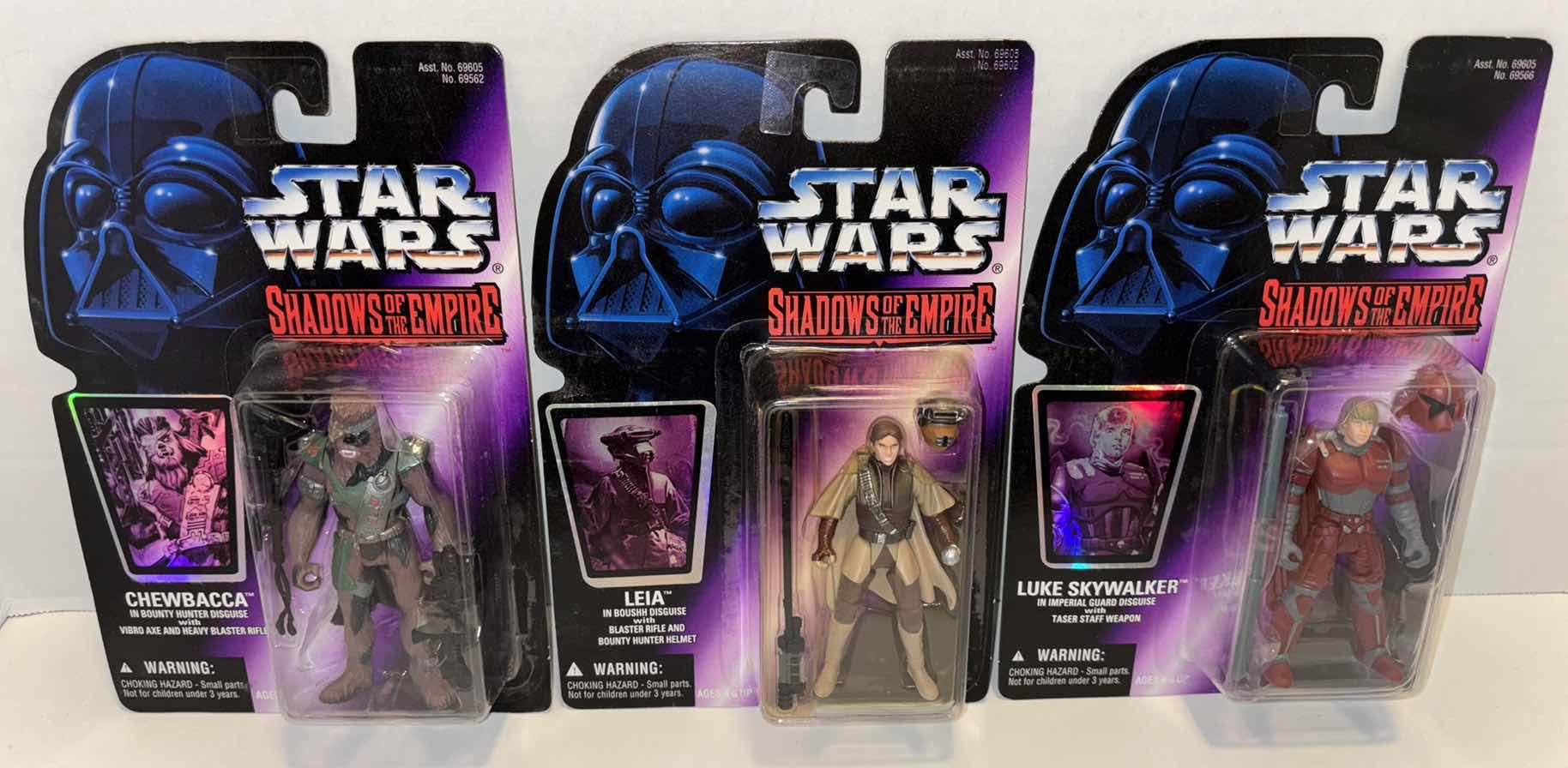 Photo 1 of NEW MINT COND 1996 HASBRO KENNER STAR WARS 3-PACK BUNDLE, SHADOWS OF THE EMPIRE “CHEWBACCA”, “LEIA” & “LUKE SKYWALKER” IN CLEAR CLAMSHELL PACKAGING