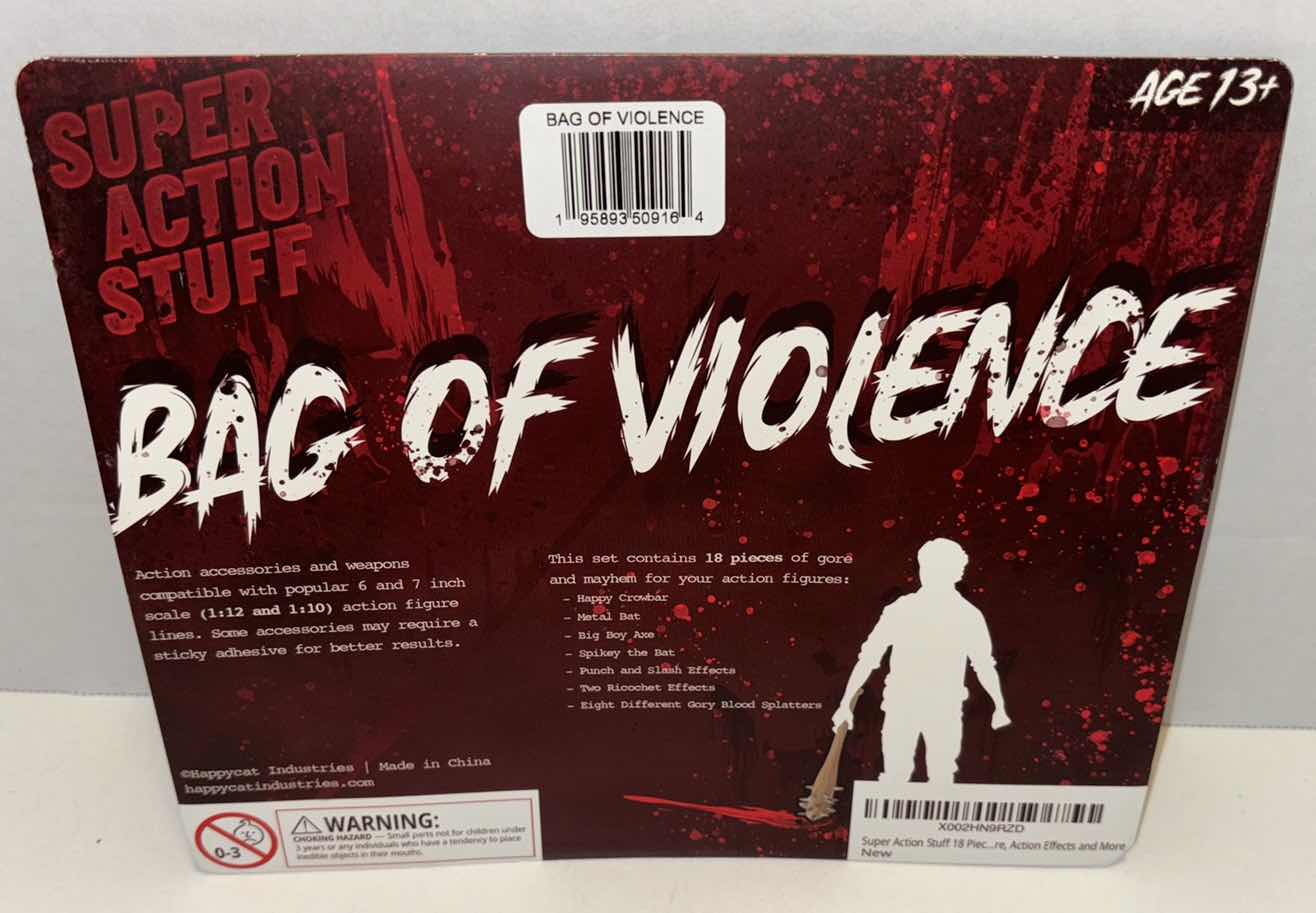 Photo 1 of NEW HAPPYCAT INDUSTRIES SUPER ACTION STUFF “18 PC BAG OF VIOLENCE” ACTION ACCESSORIES & WEAPONS (1)