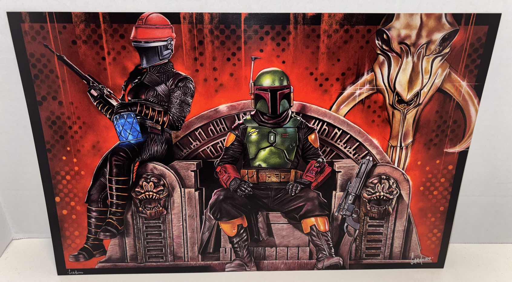 Photo 1 of VICTOR GARDUNO BOBA FETT & FENNEC SHAND 11” X 17” INFINITY GLOSS UNFRAMED PRINT W EMBOSSED SEAL, DIGITAL SIGNATURE & OFFICIAL SIGNATURE W COA INCLUDED, STORED IN A RIGID PRINT PROTECTOR SLEEVE