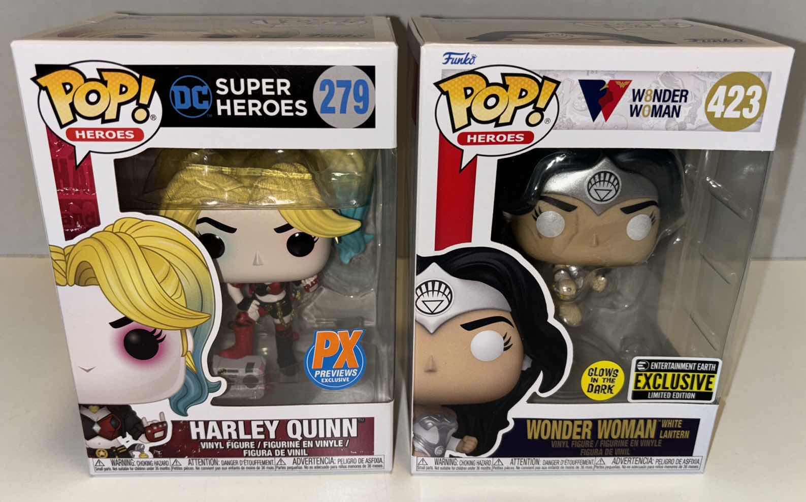 Photo 2 of NEW FUNKO POP! DC HEROES VINYL FIGURE 6-PACK BUNDLE, #279 HARLEY QUINN PX PREVIEWS EXCLUSIVE (3) & #423 80TH ANNIVERSARY WONDER WOMAN WHITE LANTERN ENTERTAINMENT EARTH EXCLUSIVE GLOW IN THE DARK (3)