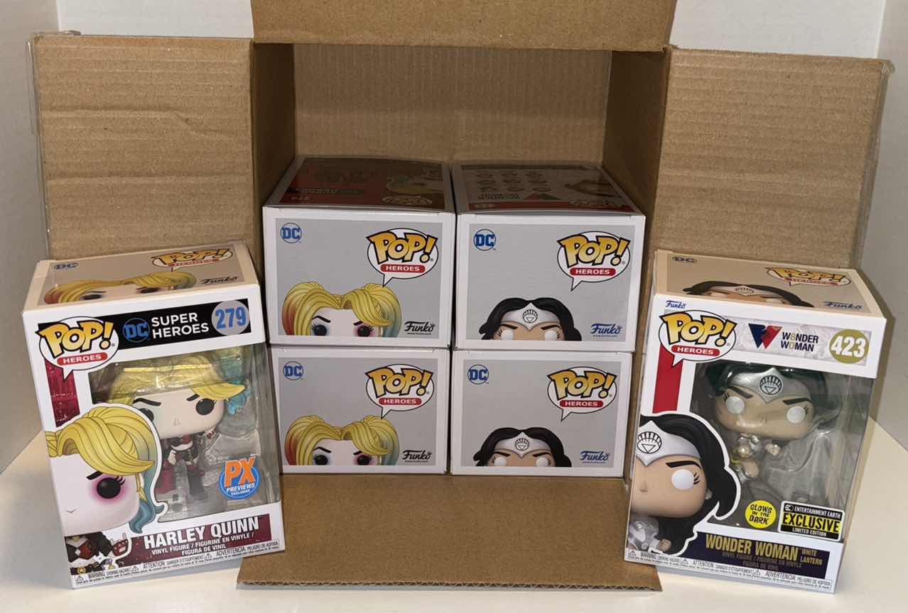 Photo 1 of NEW FUNKO POP! DC HEROES VINYL FIGURE 6-PACK BUNDLE, #279 HARLEY QUINN PX PREVIEWS EXCLUSIVE (3) & #423 80TH ANNIVERSARY WONDER WOMAN WHITE LANTERN ENTERTAINMENT EARTH EXCLUSIVE GLOW IN THE DARK (3)