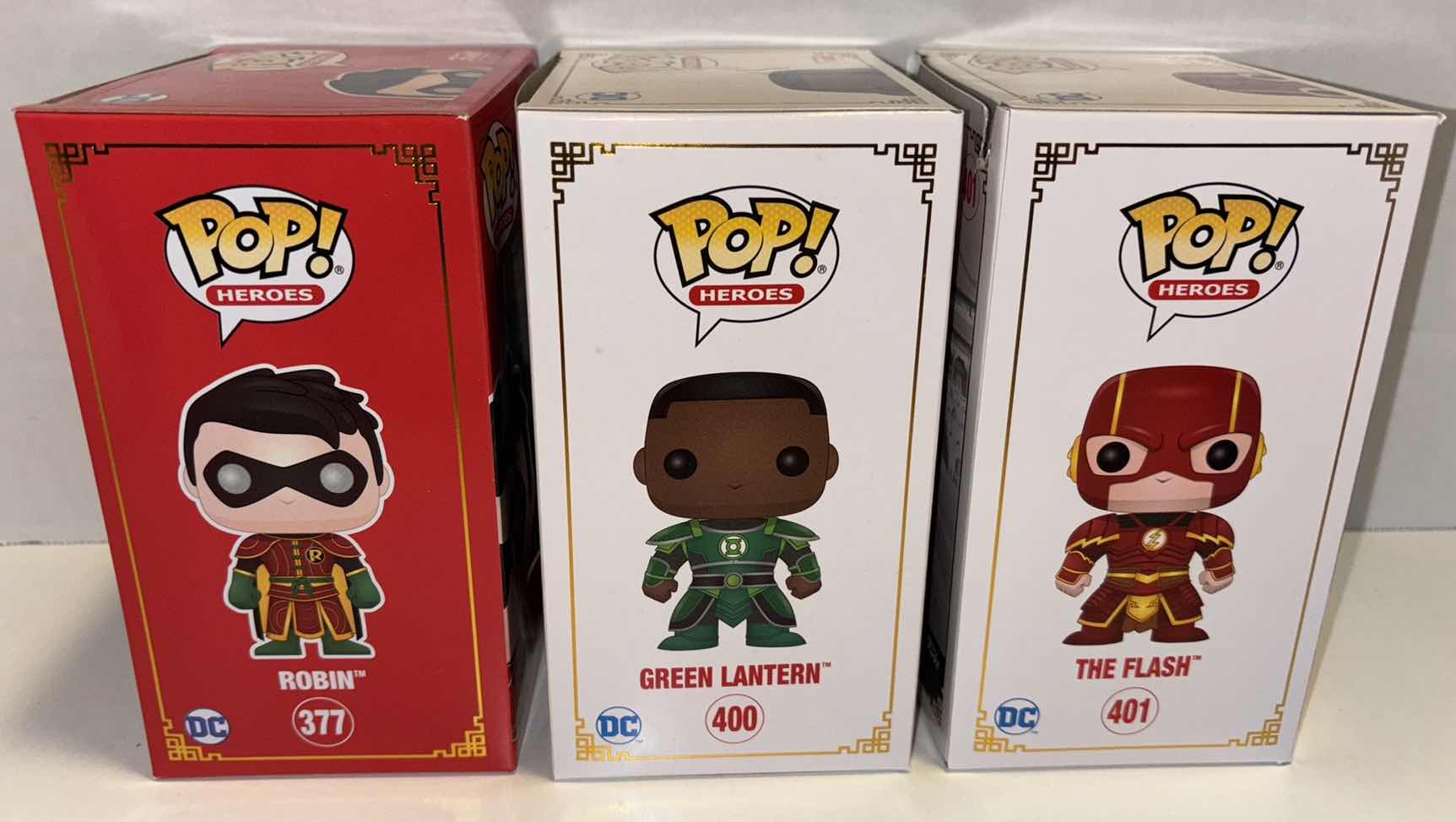 Photo 2 of NEW FUNKO POP! HEROES DC IMPERIAL PALACE VINYL FIGURE 3-PACK, #377 ROBIN, #400 GREEN LANTERN & #401 THE FLASH
