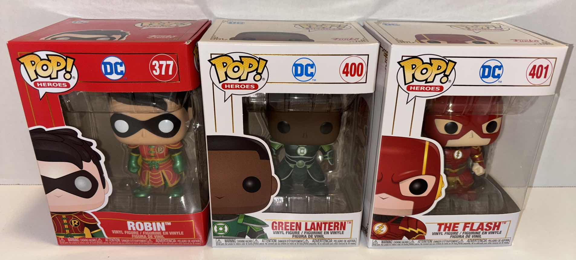 Photo 1 of NEW FUNKO POP! HEROES DC IMPERIAL PALACE VINYL FIGURE 3-PACK, #377 ROBIN, #400 GREEN LANTERN & #401 THE FLASH