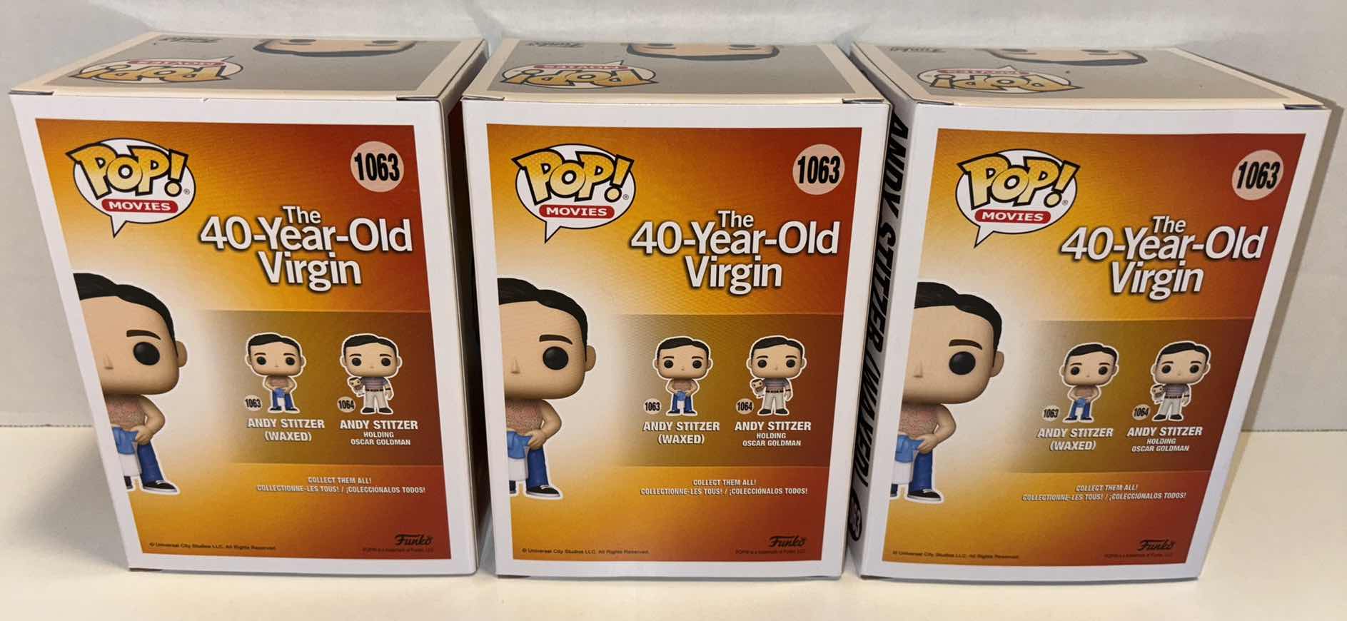 Photo 3 of NEW FUNKO POP! MOVIES 3-PACK VINYL FIGURES, THE 40-YEAR-OLD VIRGIN #1063 ANDY STITZER (WAXED)