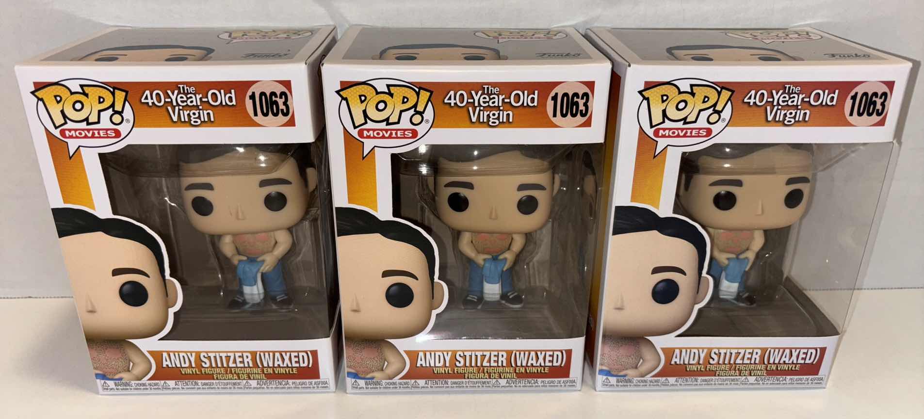Photo 1 of NEW FUNKO POP! MOVIES 3-PACK VINYL FIGURES, THE 40-YEAR-OLD VIRGIN #1063 ANDY STITZER (WAXED)
