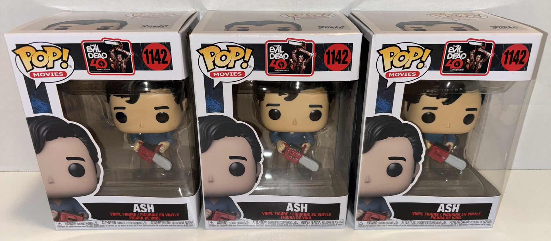 Photo 1 of NEW FUNKO POP! MOVIES 3-PACK VINYL FIGURES, THE EVIL DEAD 40TH ANNIVERSARY #1142 “ASH”
