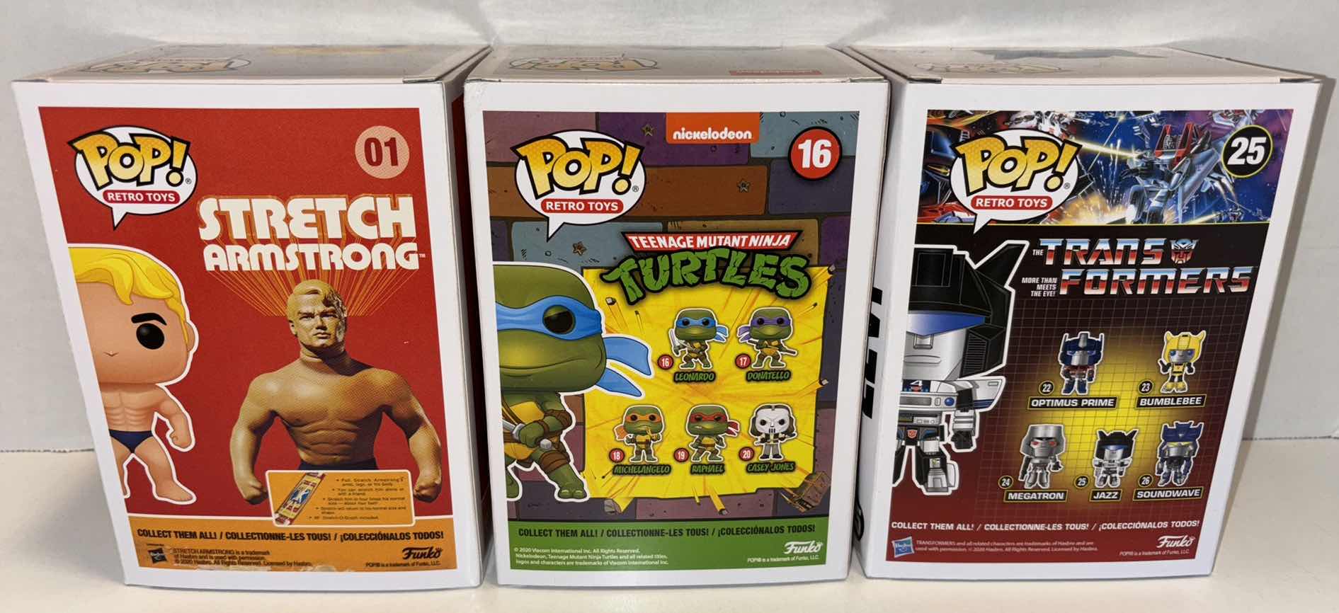 Photo 3 of NEW FUNKO POP! RETRO TOYS VINYL FIGURE 3-PACK, #01 STRETCH ARMSTRONG, TMNT #16 LEONARDO & TRANSFORMERS #25 JAZZ