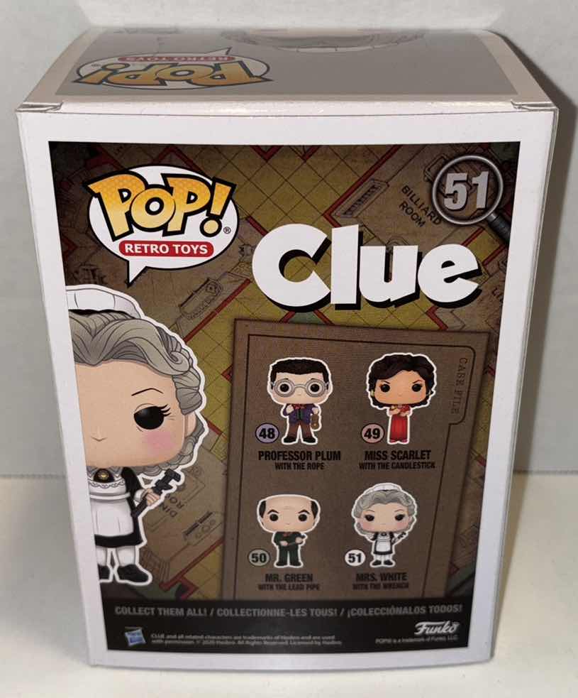 Photo 3 of NEW FUNKO POP! RETRO TOYS VINYL FIGURE, CLUE #51 MRS. WHITE WITH THE WRENCH