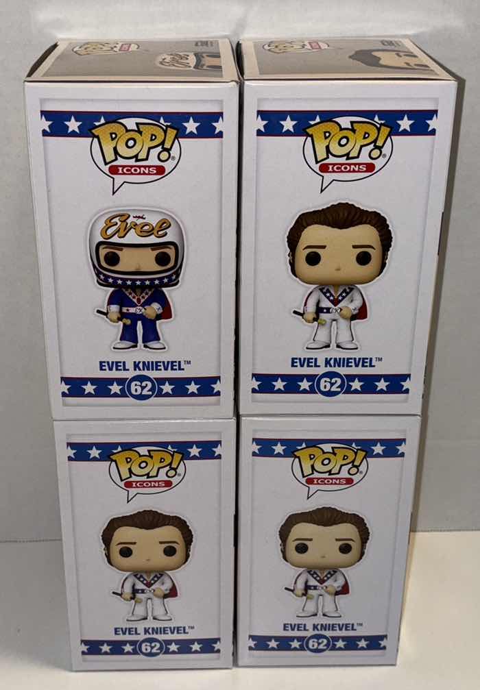 Photo 2 of NEW FUNKO POP! ICONS EVEL 4-PACK VINYL FIGURE, #62 EVEL KNIEVEL CHASE LIMITED EDITION WITH HELMET(1), #62 EVEL KNIEVEL NO HELMET (3)