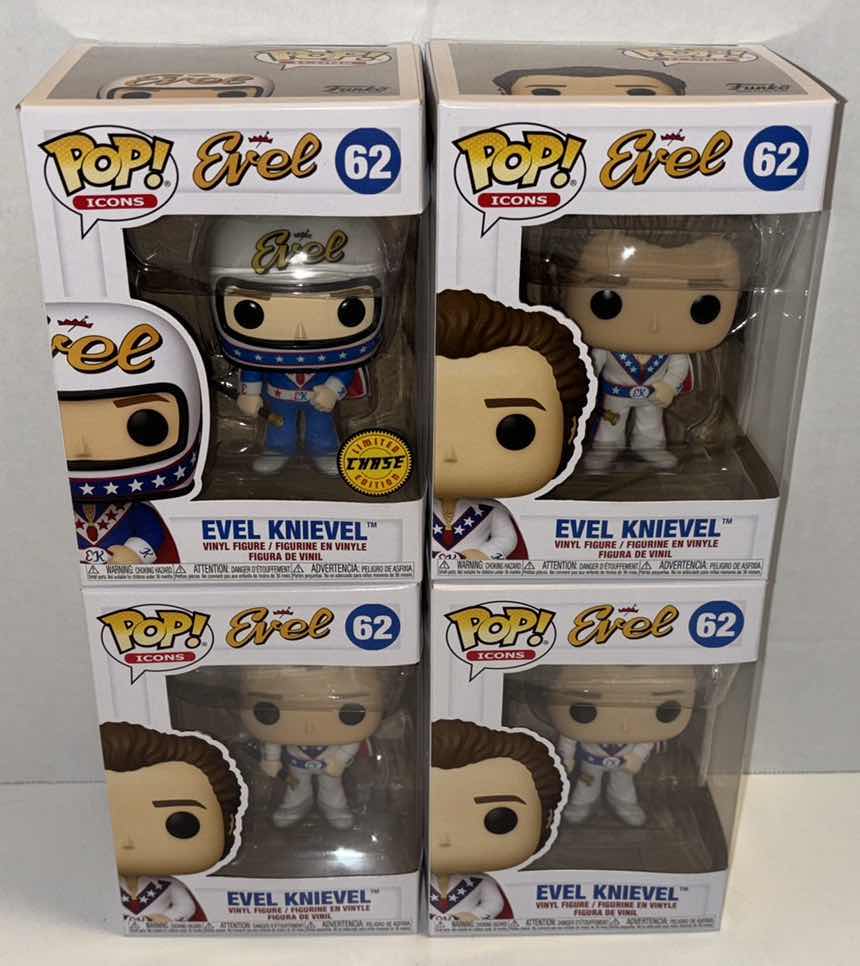 Photo 1 of NEW FUNKO POP! ICONS EVEL 4-PACK VINYL FIGURE, #62 EVEL KNIEVEL CHASE LIMITED EDITION WITH HELMET(1), #62 EVEL KNIEVEL NO HELMET (3)