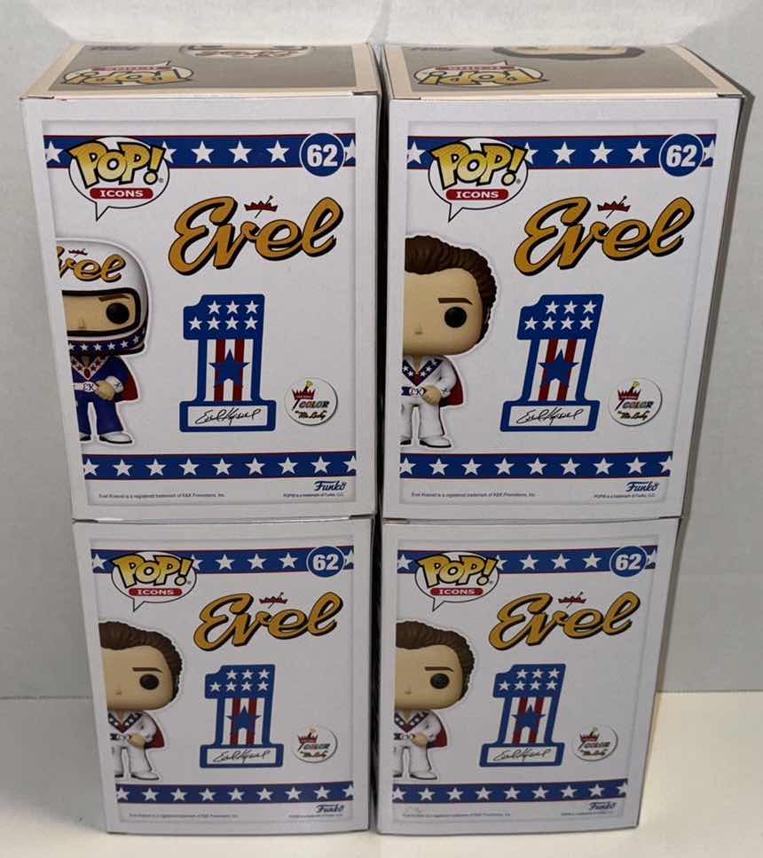 Photo 3 of NEW FUNKO POP! ICONS EVEL 4-PACK VINYL FIGURE, #62 EVEL KNIEVEL CHASE LIMITED EDITION WITH HELMET(1), #62 EVEL KNIEVEL NO HELMET (3)