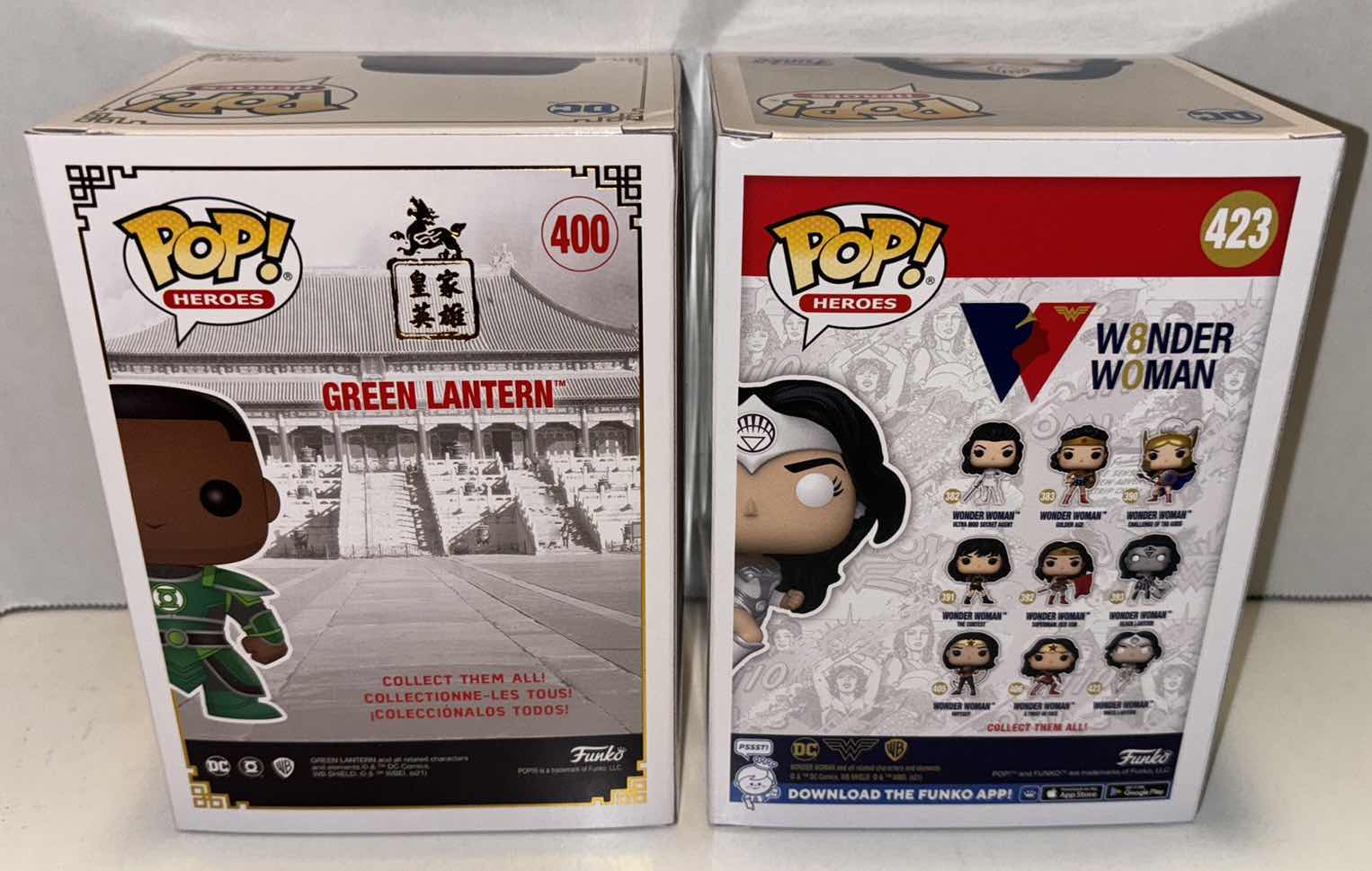 Photo 3 of NEW FUNKO POP! HEROES 2-PACK DC VINYL FIGURE, IMPERIAL PALACE #400 GREEN LANTERN & 80TH ANNIVERSARY GLOW IN THE DARK #423 WONDER WOMAN WHITE LANTERN