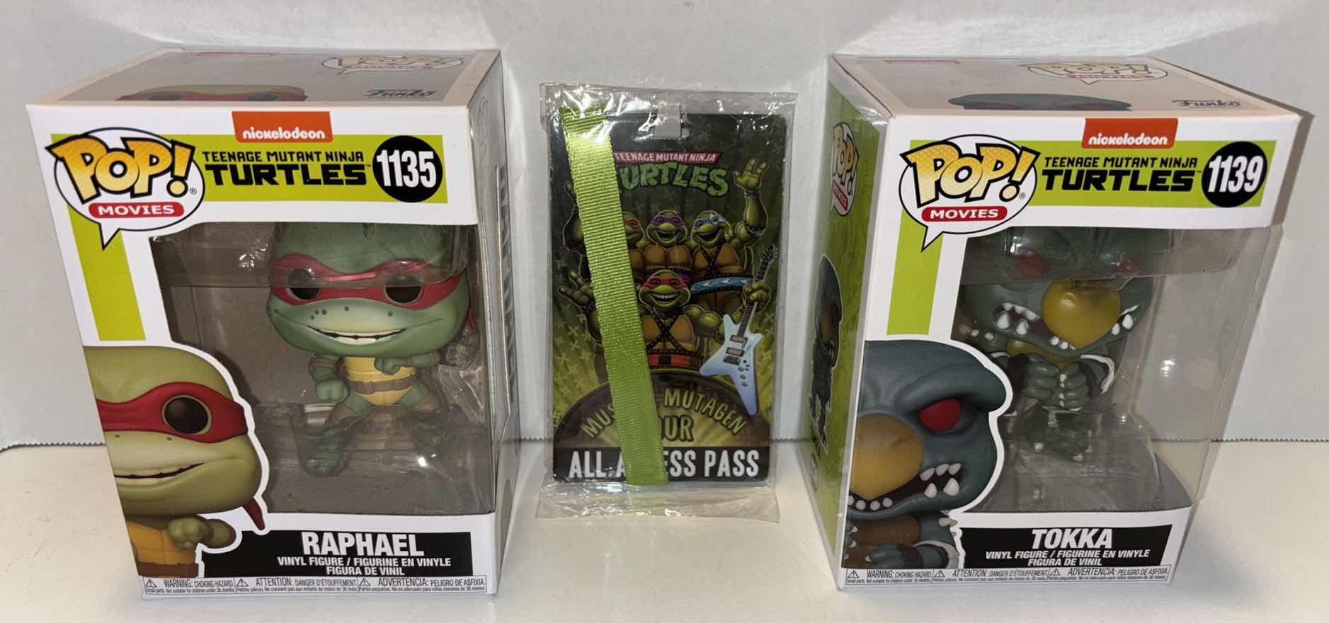 Photo 1 of NEW FUNKO POP! MOVIES 2-PACK TMNT VINYL FIGURE, #1135 RAPHAEL & #1139 TOKKA W/NECA TMNT LANYARD MUSICAL MUTAGEN TOUR 2020 ALL ACCESS PASS