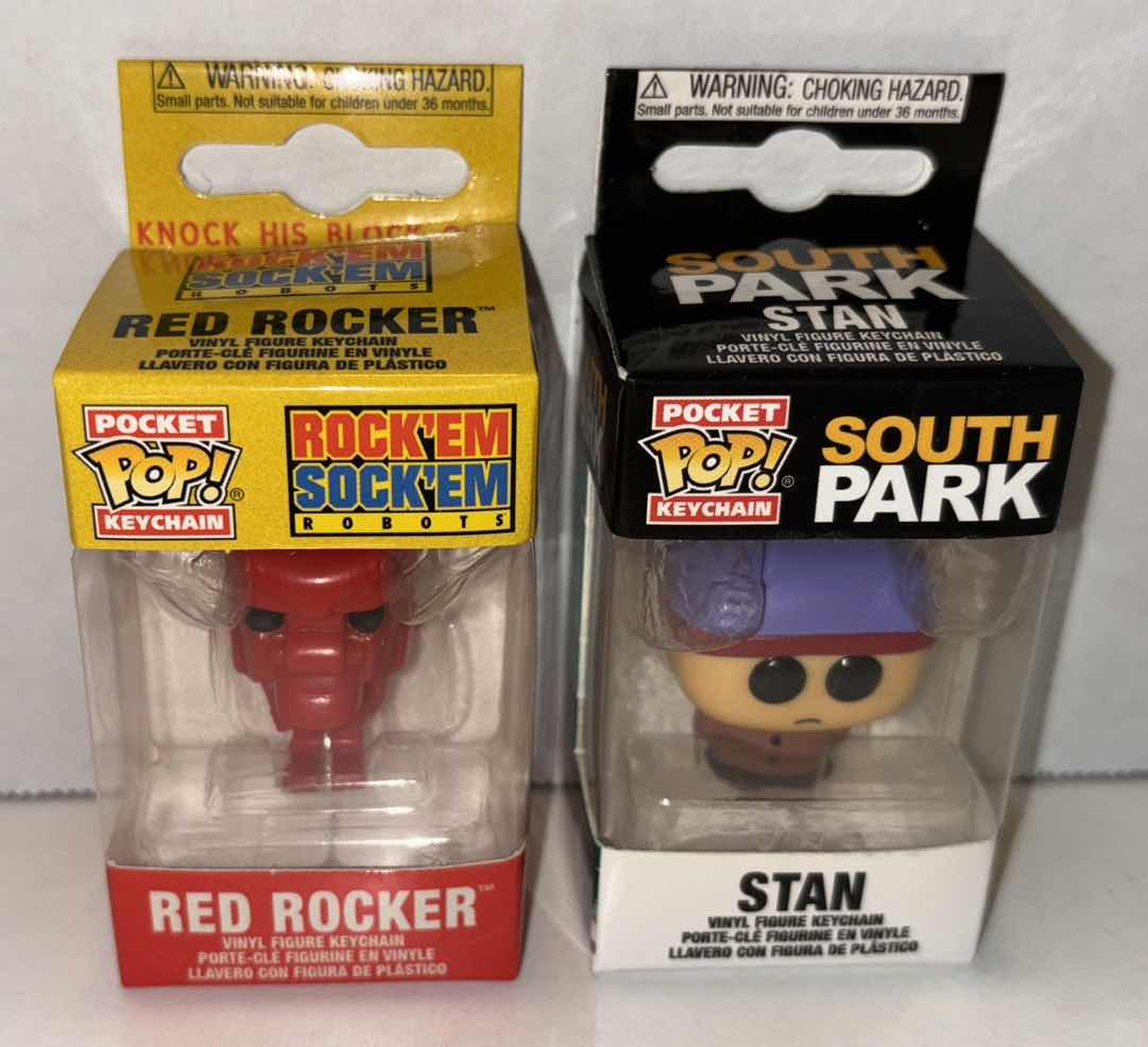 Photo 1 of NEW FUNKO POP! POCKET KEYCHAIN 2-PACK, ROCK EM SOCK EM “RED ROCKER” & SOUTH PARK “STAN”