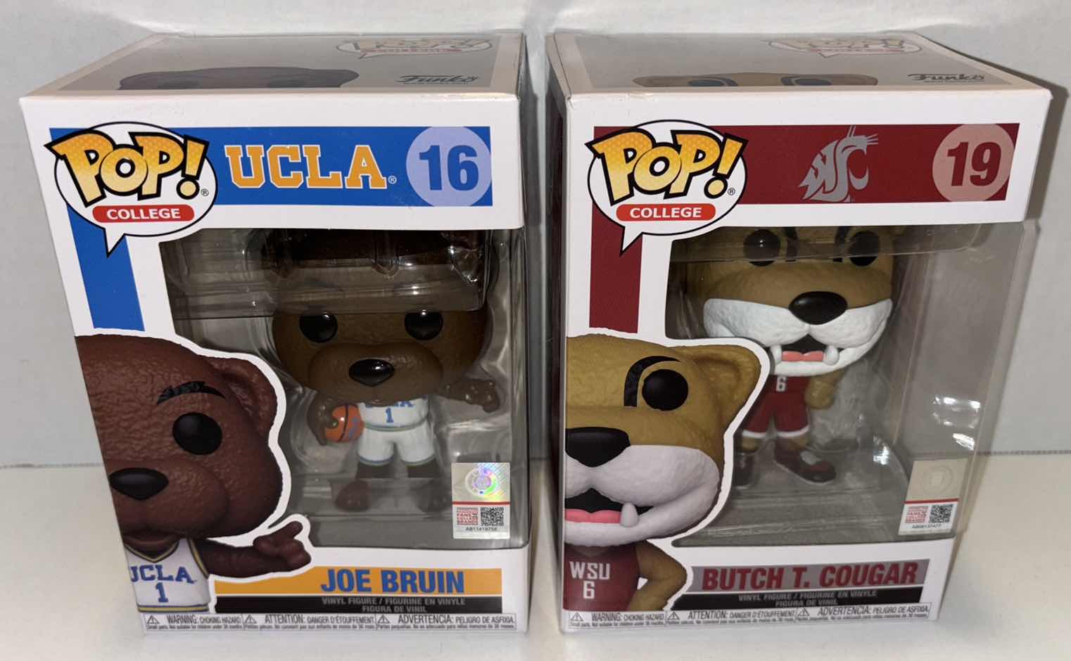 Photo 1 of NEW 2-PACK FUNKO POP! COLLEGE MASCOTS VINYL FIGURE, #16 UCLA JOE BRUIN & #19 WSU BUTCH T. COUGAR