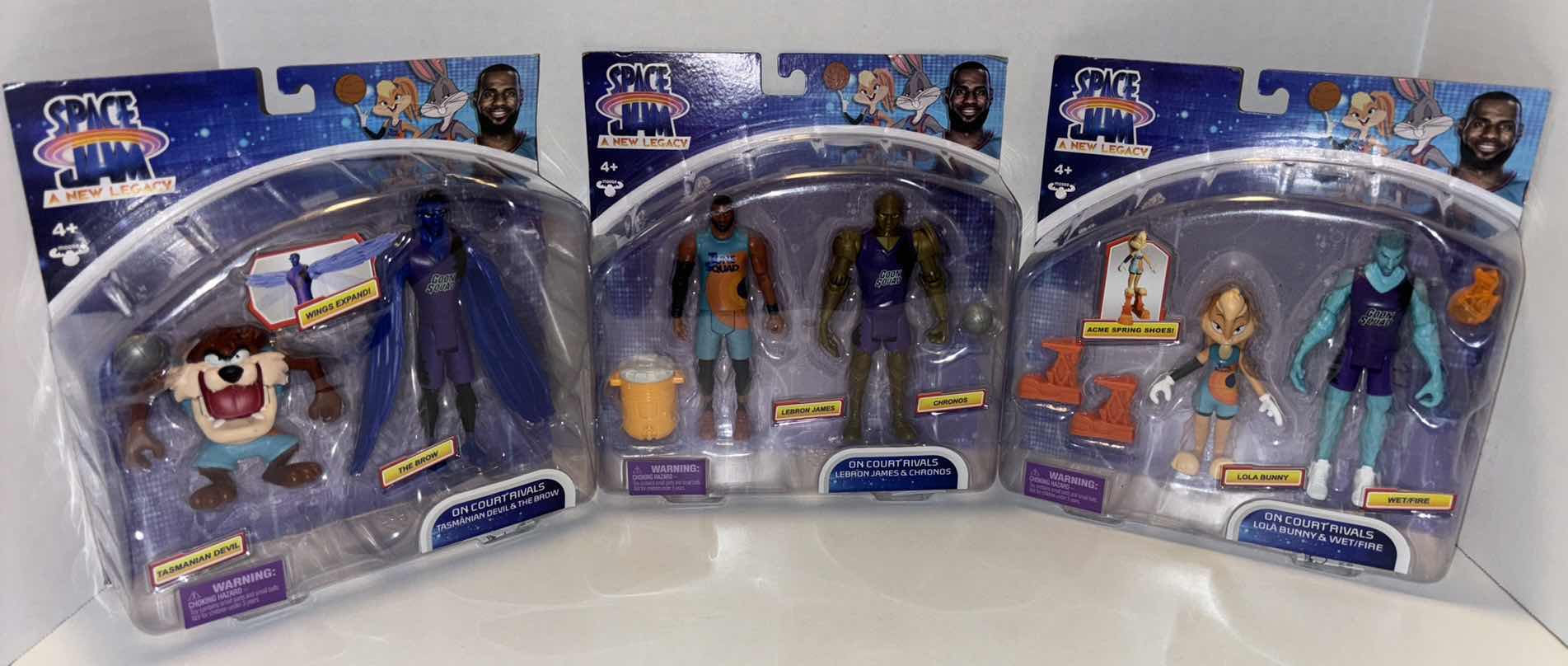 Photo 1 of NEW 3-PACK MOOSE TOYS SPACE JAM A NEW LEGACY ACTION FIGURES & ACCESSORIES, “TASMANIAN DEVIL & THE BROW”, “LEBRON JAMES & CHRONOS” & “LOLA BUNNY & WET/FIRE”