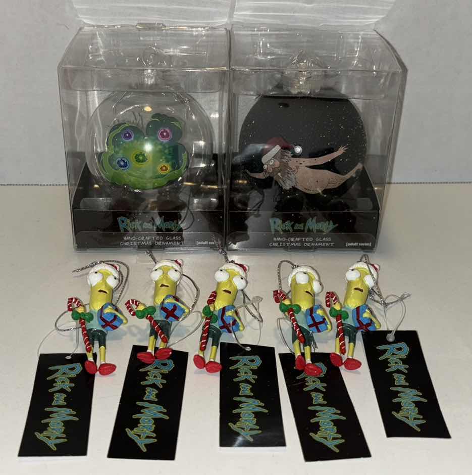 Photo 1 of NEW ADULT SWIM RICK AND MORTY 2 HANDCRAFTED GLASS ORNAMENTS & 5 PC KURT S. ADLER “MR. POOPY BUTT” ORNAMENTS