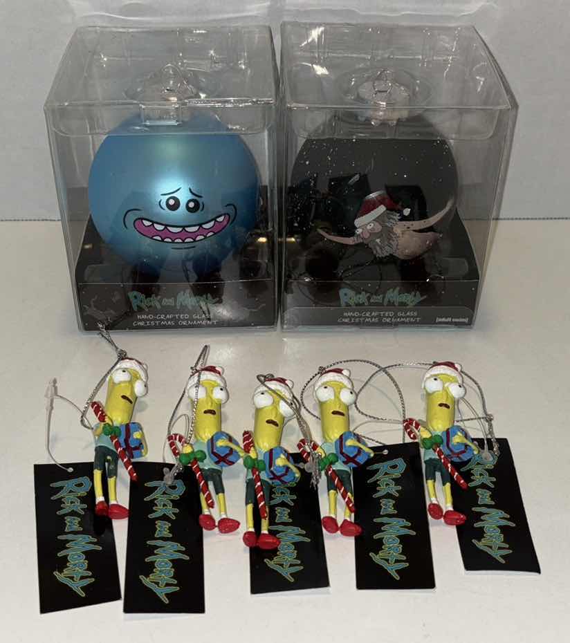 Photo 1 of NEW ADULT SWIM RICK AND MORTY 2 HANDCRAFTED GLASS ORNAMENTS & 5 PC KURT S. ADLER “MR. POOPY BUTT” ORNAMENTS