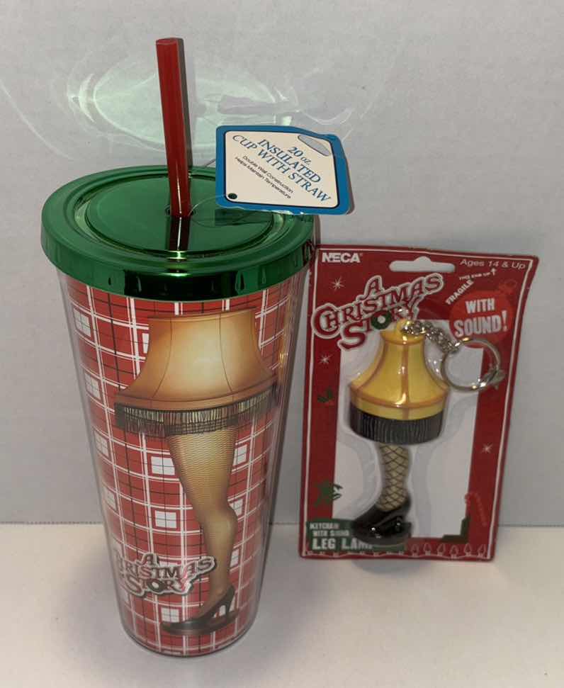 Photo 1 of NEW SPOONTIQUES 20 OZ INSULATED CUP WITH STRAW & NECA A CHRISTMAS STORY LEG LAMP TALKING KEYCHAIN