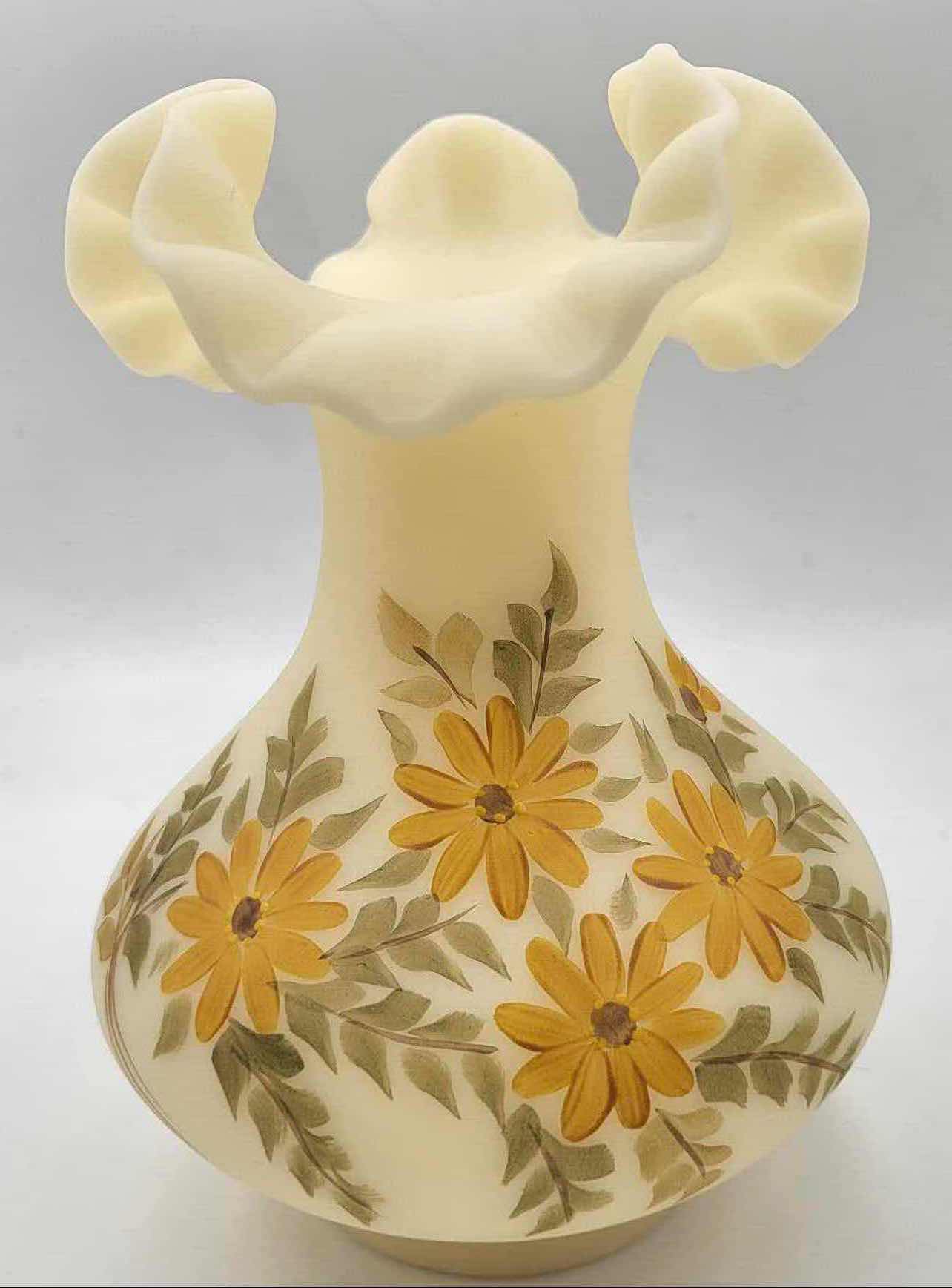 Photo 2 of FENTON CUSTARD RUFFLED VASE HANDPAINTED FLORAL SIGNED H-7"