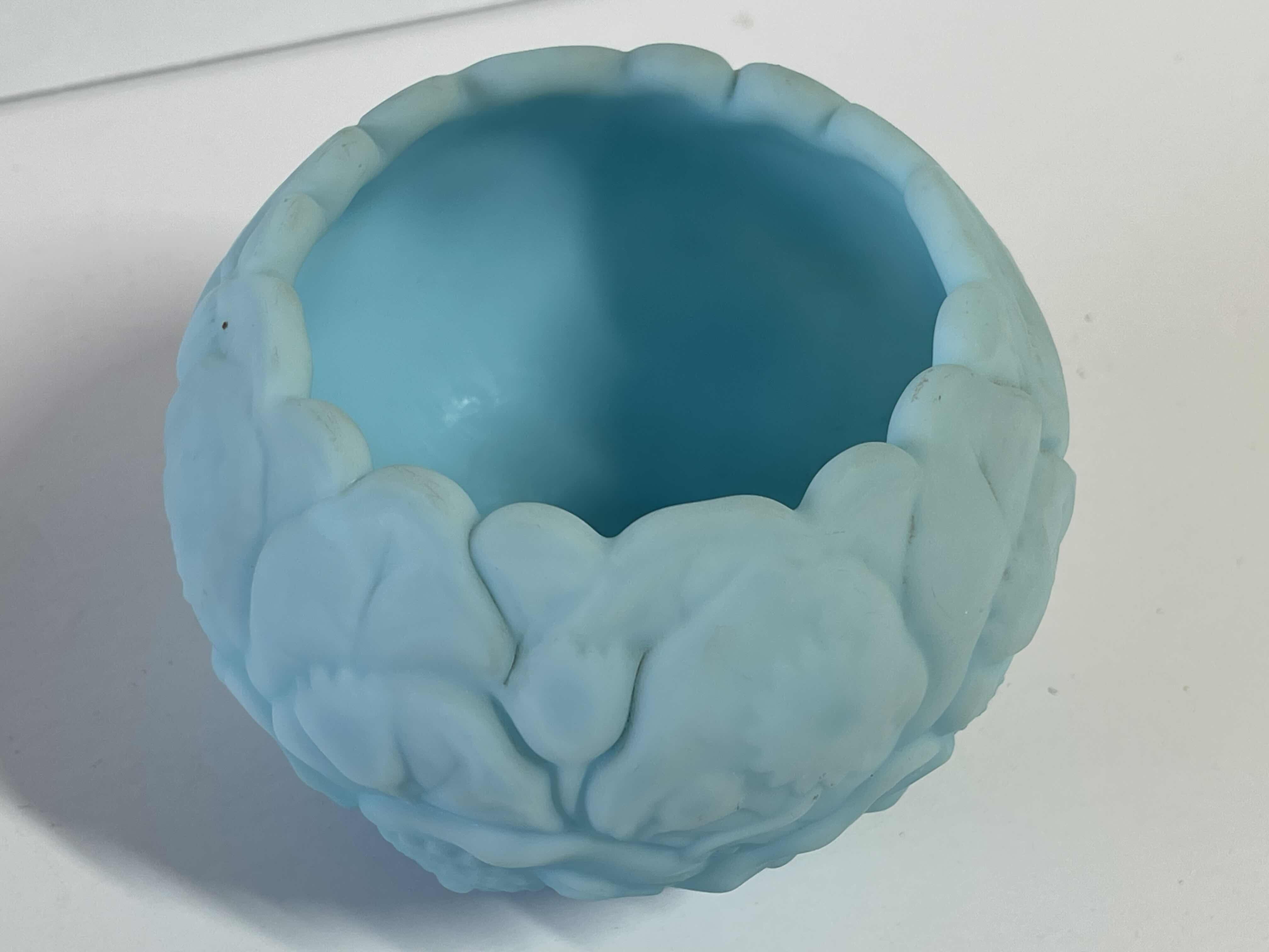 Photo 1 of VINTAGE FENTON BLUE SATIN GLASS ROSE BOWL WATER LILY LOTUS FLOWER