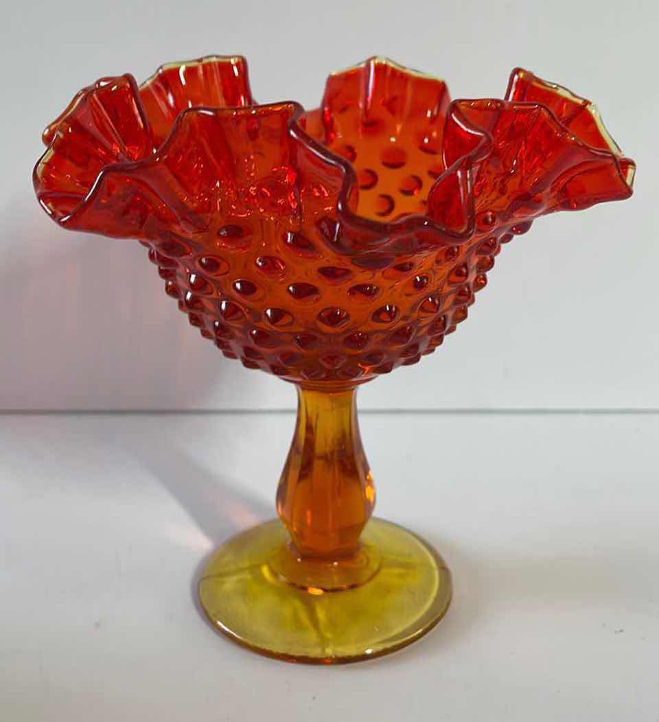 Photo 2 of VINTAGE FENTON AMBERINA HOBNAIL STYLE RUFFLED PEDESTAL COMPOTE CANDY DISH