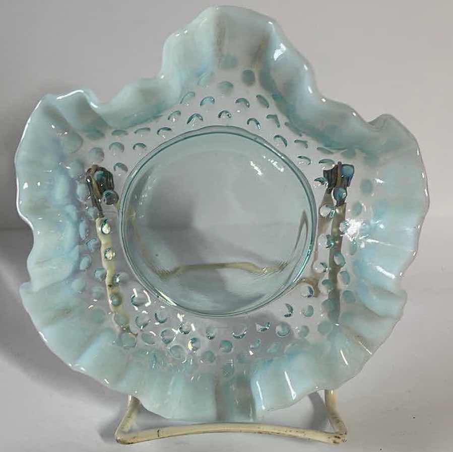 Photo 3 of VINTAGE FENTON AQUA BLUE OPALESCENT HOBNAIL RUFFLED DISH & 
SILVER CREST MELON VANITY PERFUME BOTTLE H- 5.5”