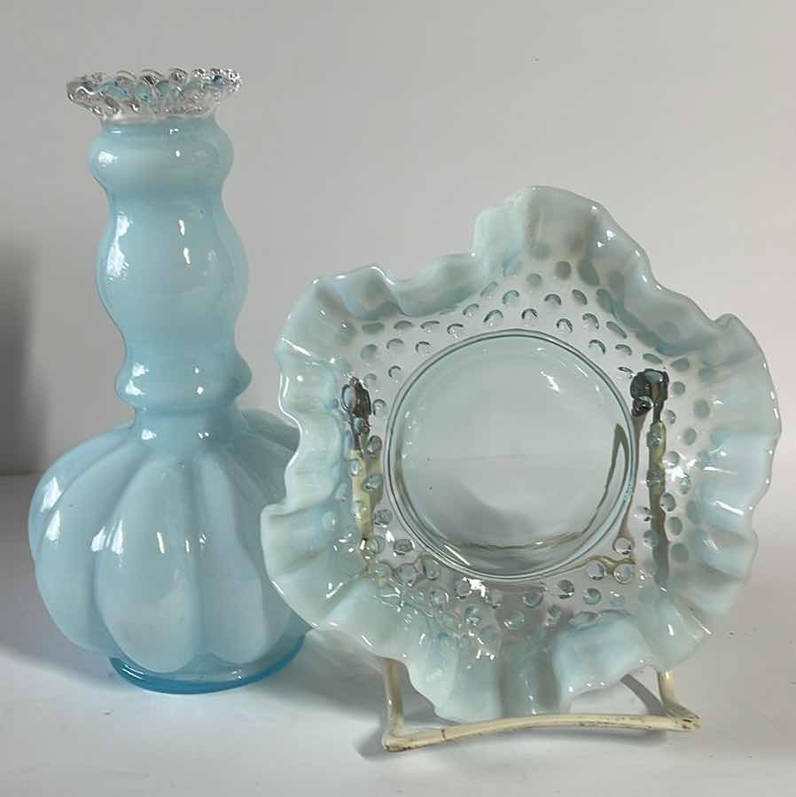 Photo 1 of VINTAGE FENTON AQUA BLUE OPALESCENT HOBNAIL RUFFLED DISH & 
SILVER CREST MELON VANITY PERFUME BOTTLE H- 5.5”