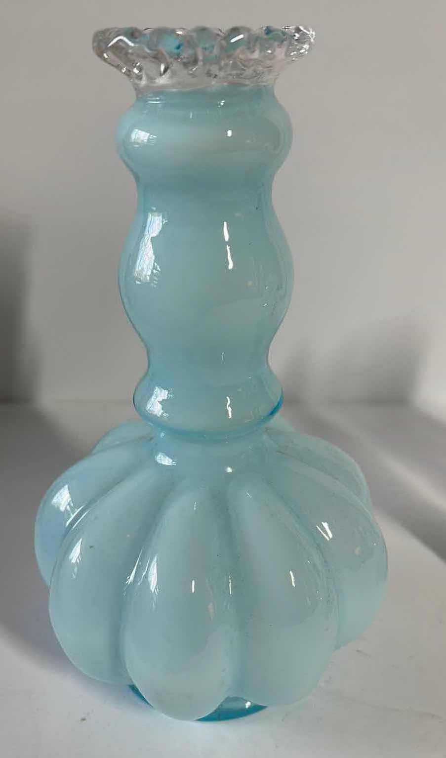 Photo 2 of VINTAGE FENTON AQUA BLUE OPALESCENT HOBNAIL RUFFLED DISH & 
SILVER CREST MELON VANITY PERFUME BOTTLE H- 5.5”