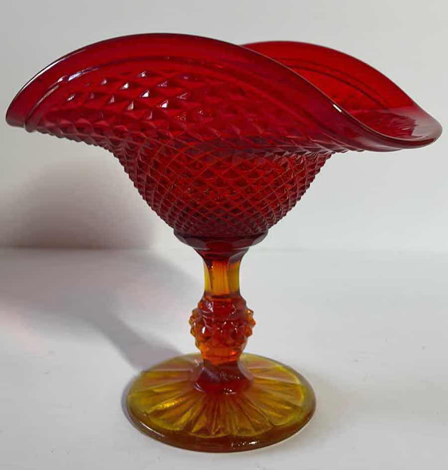 Photo 4 of VINTAGE JEANNETTE GLASS AMBERINA DIAMOND POINT FLARED COMPOTE H- 6.4”