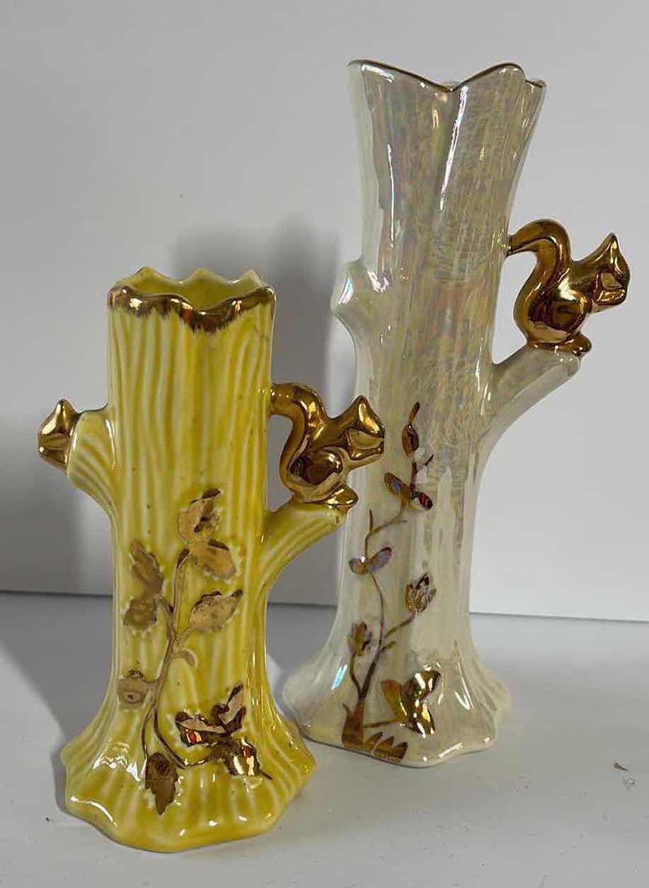 Photo 1 of VINTAGE LUSTERWARE CERAMIC BUD VASES TREE TRUNKS W/ 22KT GOLD ACCENTS H 8” & 6 “