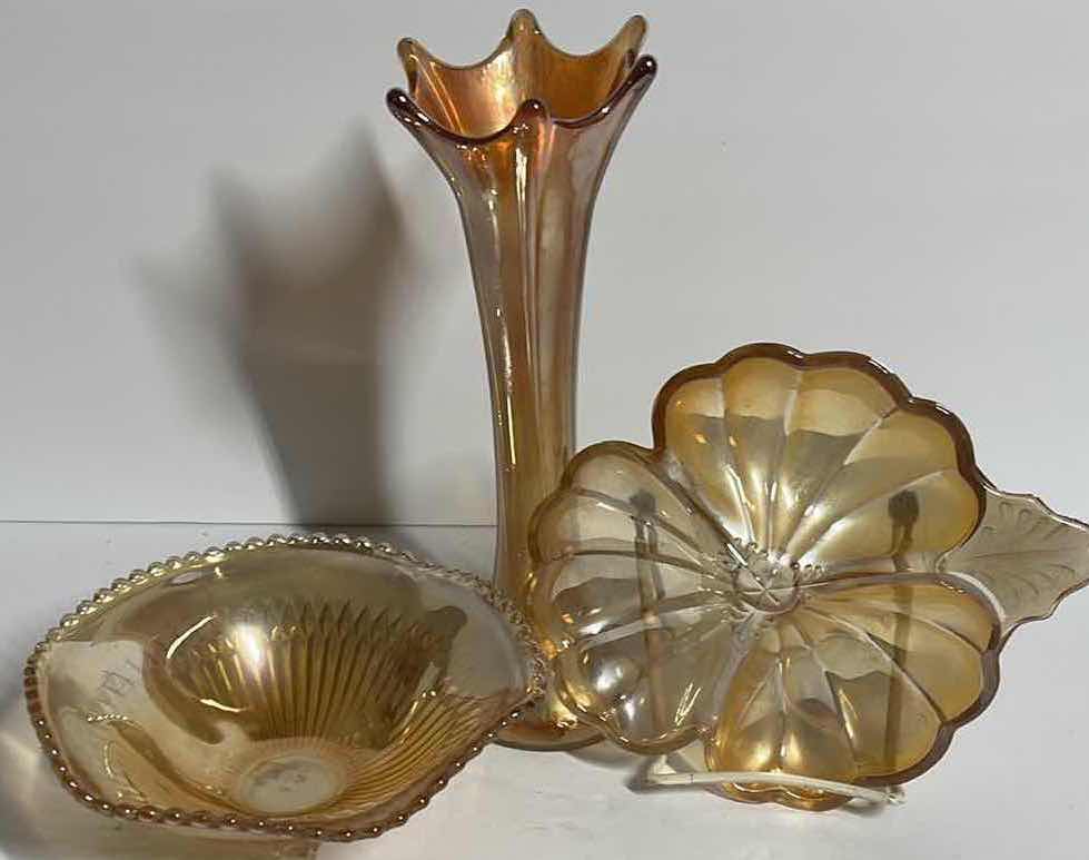 Photo 1 of VINTAGE MARIGOLD CARNIVAL GLASS CANDY DISHES AND VASE