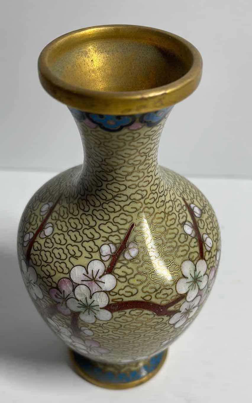 Photo 2 of RARE CLOISSNAE FLOWER PATTERN ENAMEL ON BRASS 6”H VASE