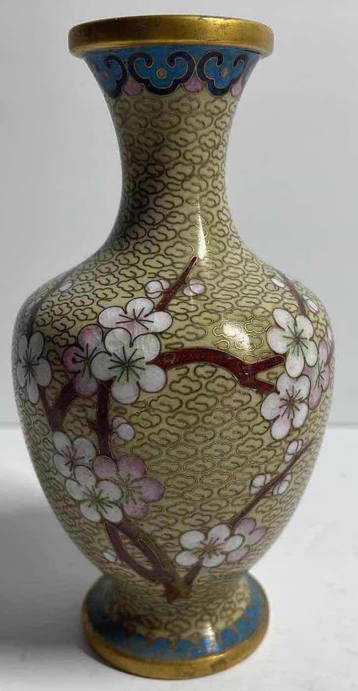 Photo 1 of RARE CLOISSNAE FLOWER PATTERN ENAMEL ON BRASS 6”H VASE