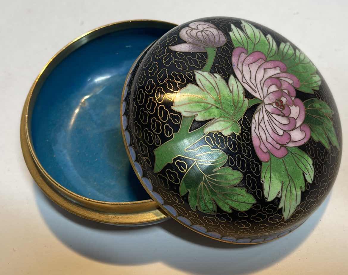 Photo 3 of CHINESE CLOISONNE BLACK ENAMEL FLORAL JAR BOWL BOX