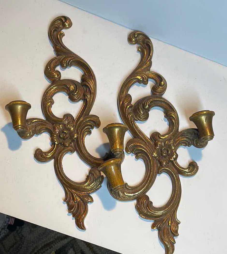 Photo 1 of VINTAGE SYROKO WOOD CARVED DOUBLE CANDLE GOLD TONE WALL SCONCES H-17.5”