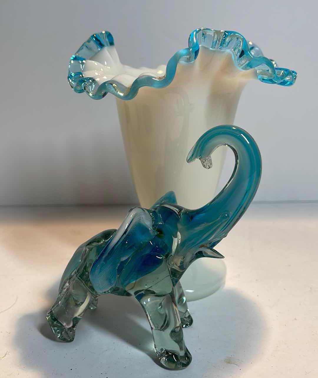 Photo 2 of VINTAGE FENTON BLUE CREST VASE & VIKING GLASS DRAPED BOWL , ART GLASS LUCKY ELEPHANT