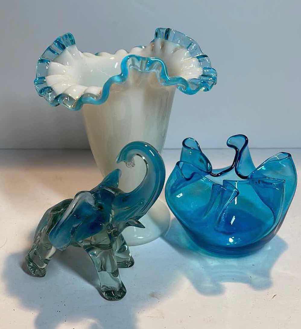 Photo 1 of VINTAGE FENTON BLUE CREST VASE & VIKING GLASS DRAPED BOWL , ART GLASS LUCKY ELEPHANT