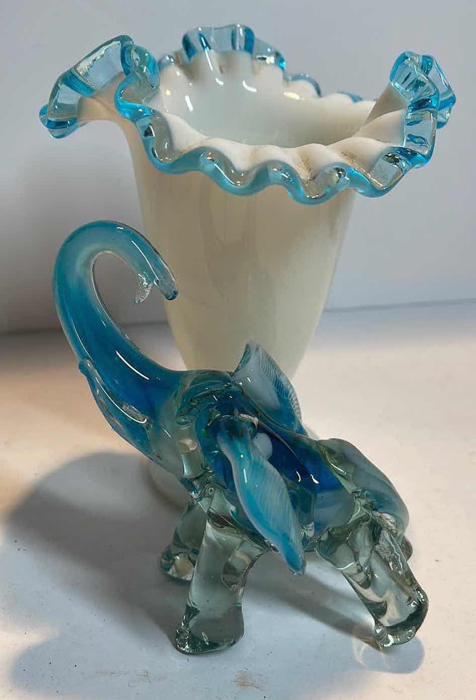 Photo 3 of VINTAGE FENTON BLUE CREST VASE & VIKING GLASS DRAPED BOWL , ART GLASS LUCKY ELEPHANT