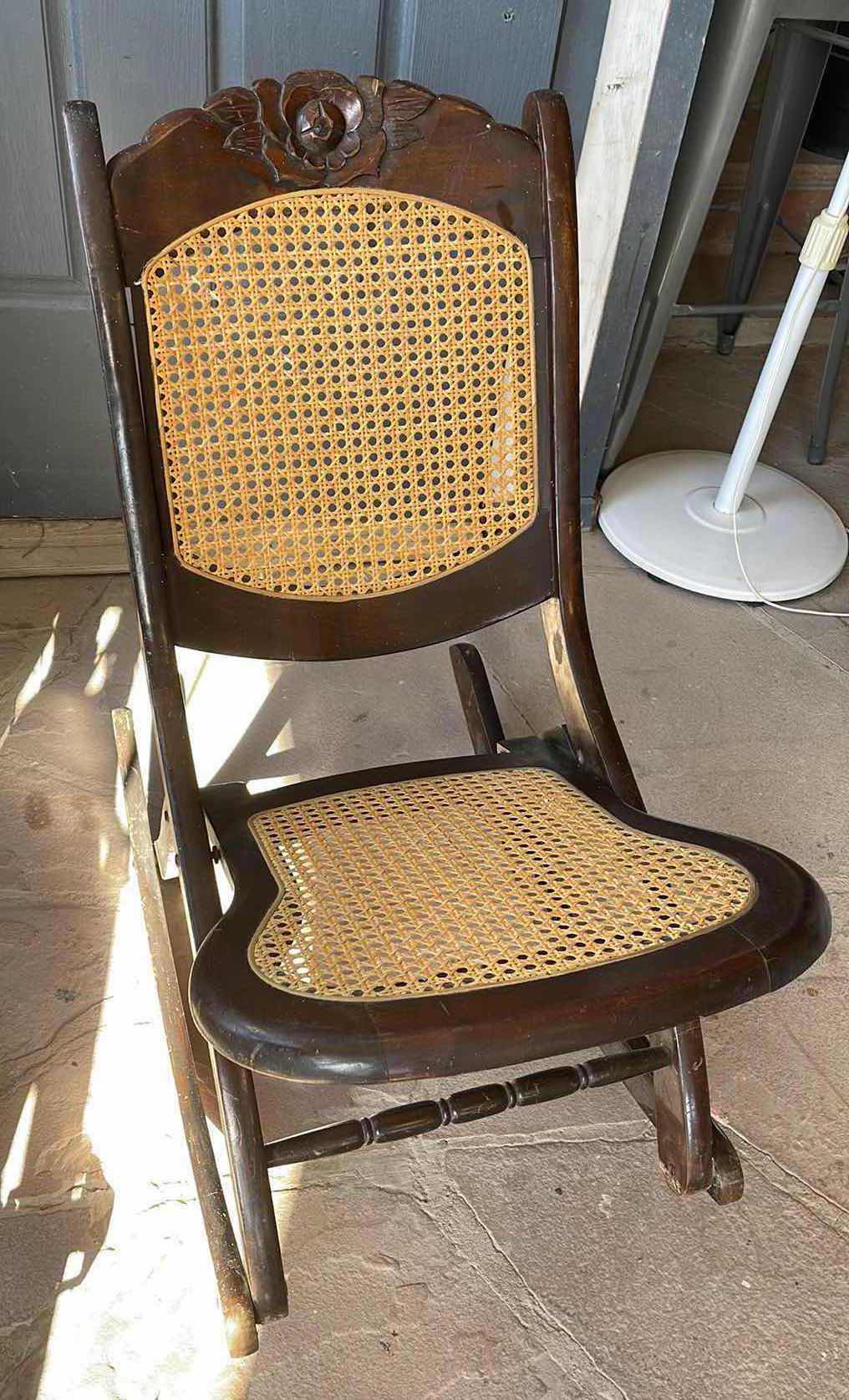 Photo 1 of VINTAGE SOLID WOOD FOLDING ROCKING CHAIR WITH CAIN BACK & SEAT