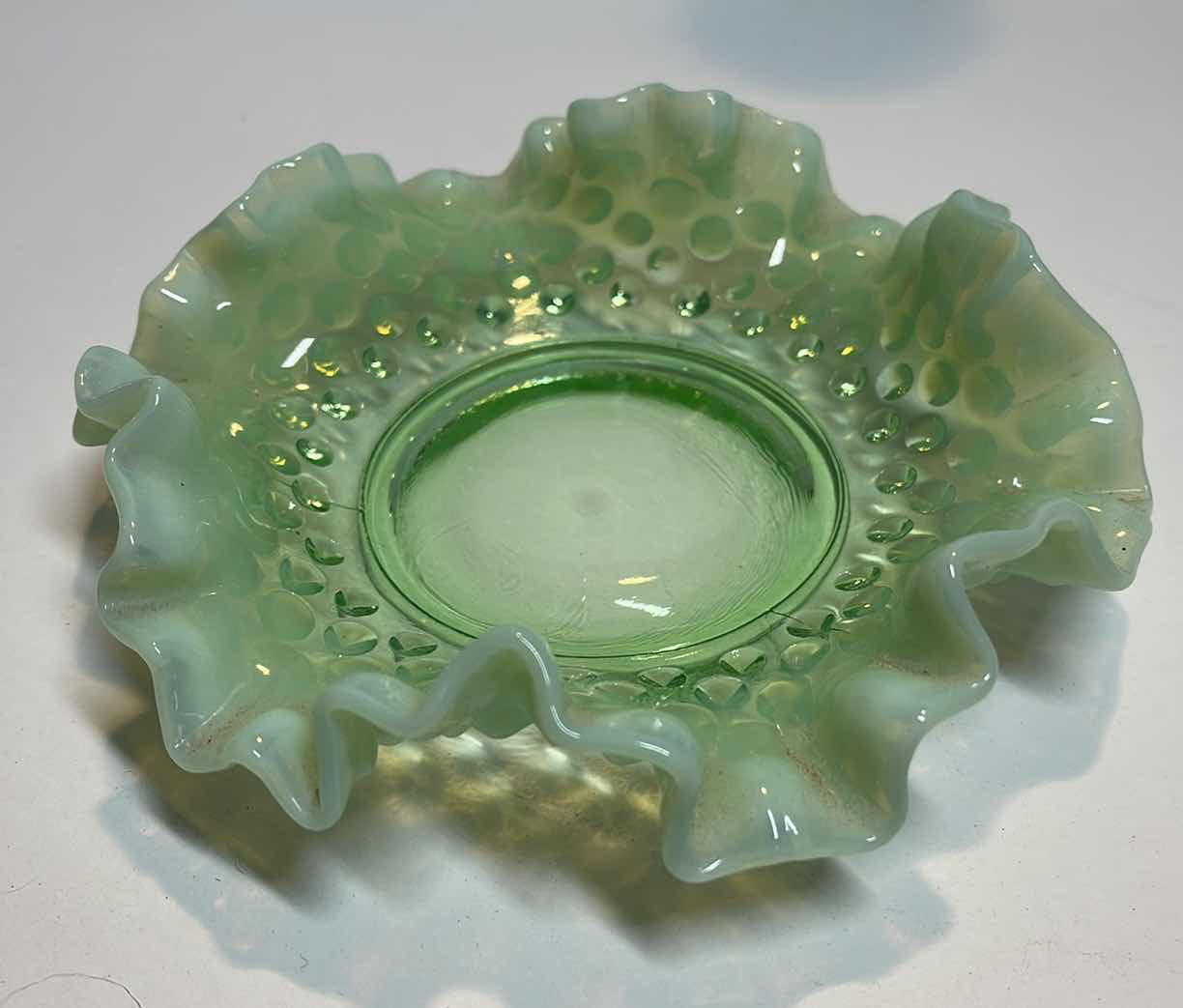 Photo 2 of FENTON OPALESCENT HEART BOWL FENTON HOBNAIL RUFFLED BOWL BLENKO VASE