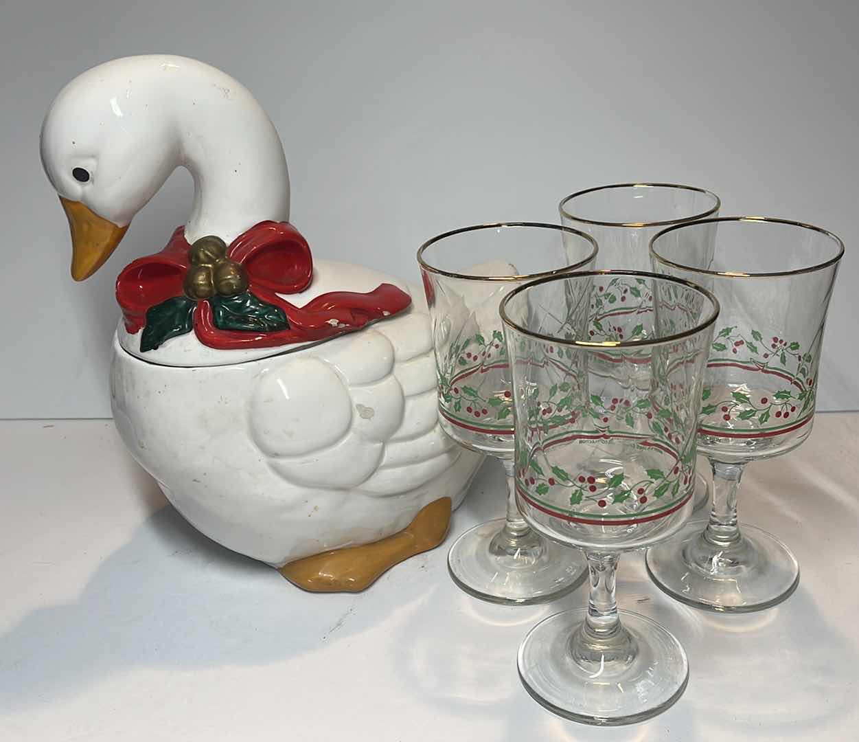 Photo 1 of CHRISTMAS GOOSE COOKIE JAR & ARBYS CHRISTMAS GLASSES