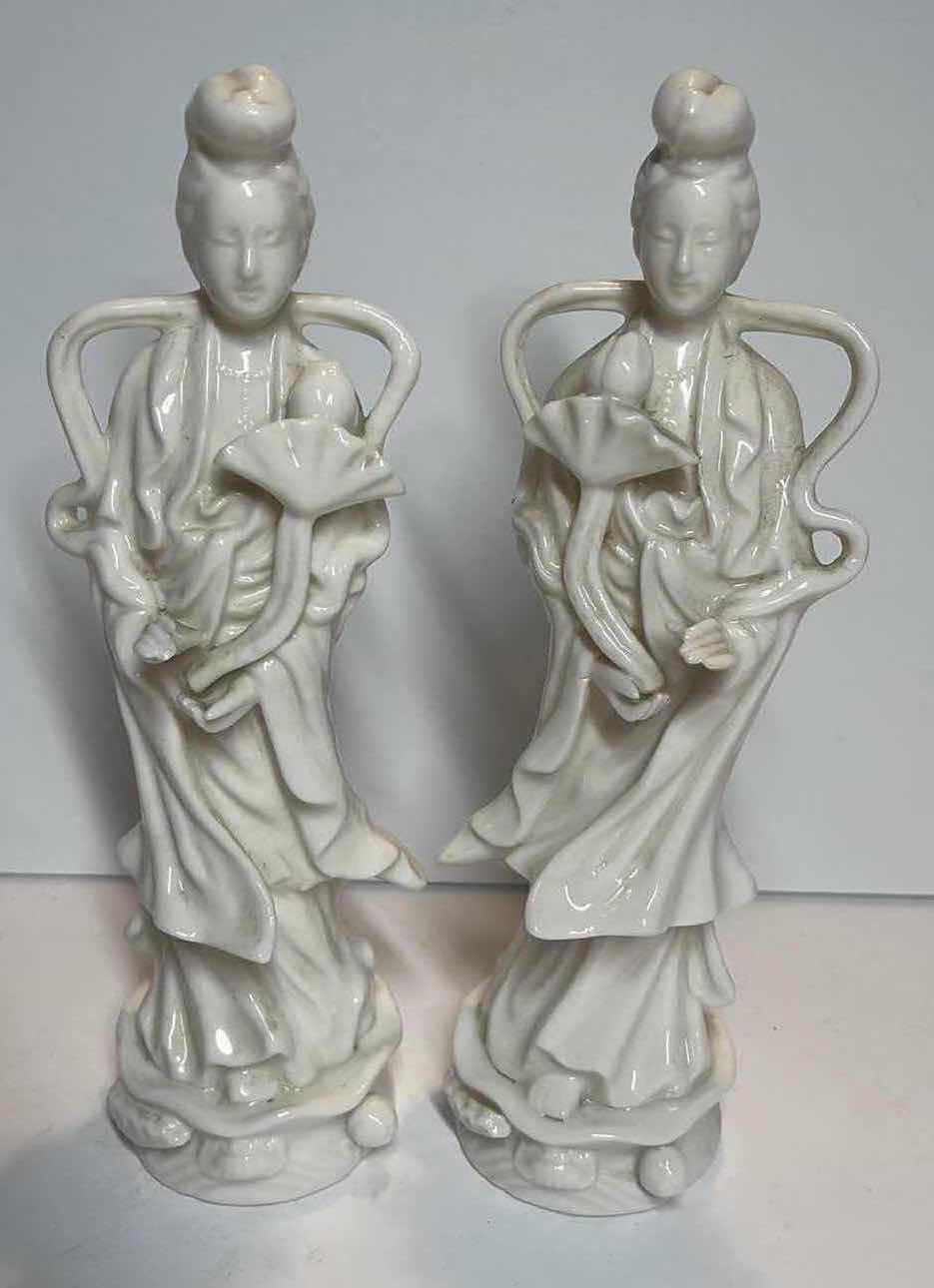 Photo 2 of 20th CENTURY BLANC DE CHINE PORCELAIN GEISHA FIGURINES 12 "  H x 3 "  D x 3.5" W