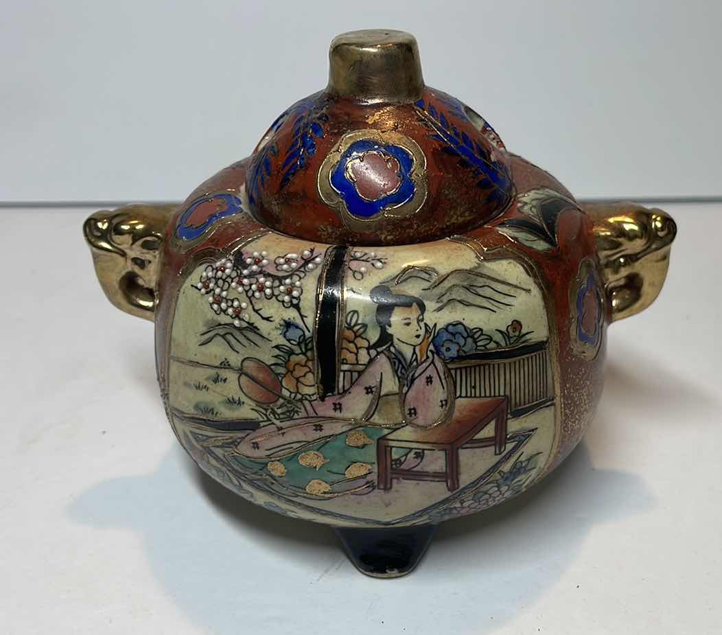 Photo 1 of VINTAGE ASIAN 3-LEG CERAMIC INCENSE BURNER HAND PAINTED GOLD GILT HANDLES