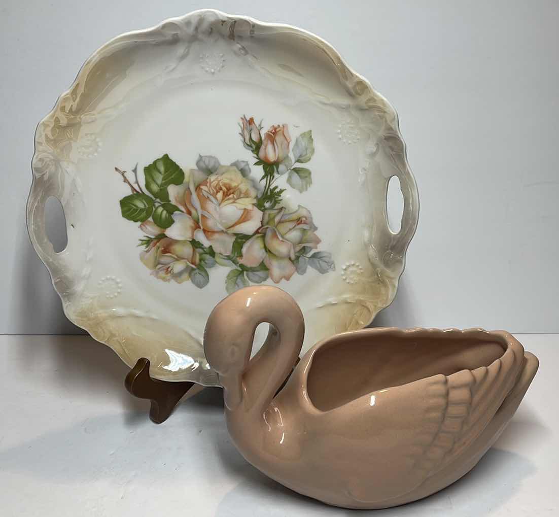 Photo 1 of ANTIQUE GERMAN PORCELAIN HANDLED PLATE & SWAN HOME DECOR