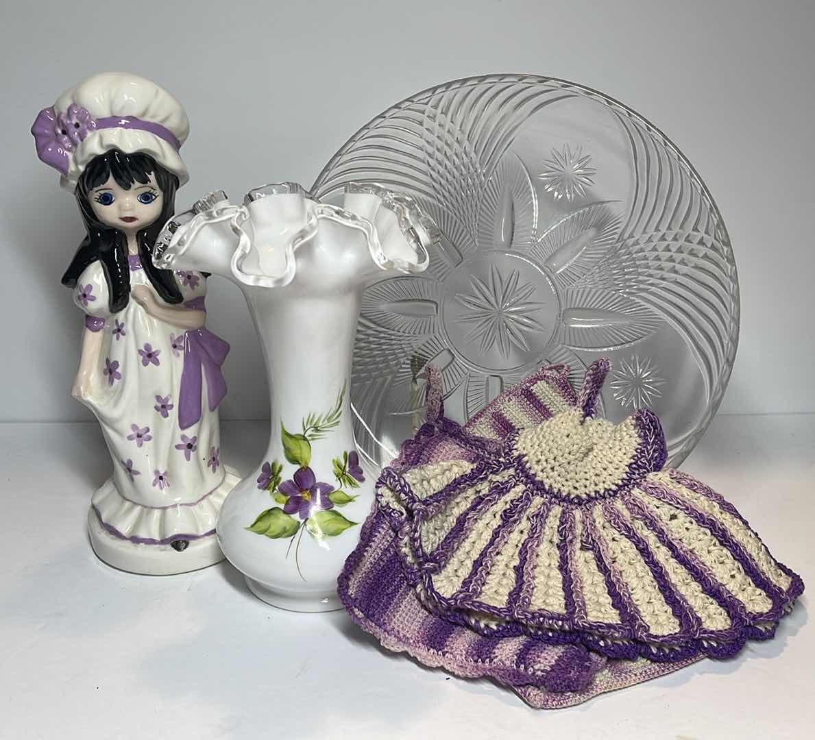 Photo 1 of VINTAGE FENTON RUFFLED EDGE VASE “ VIOLETS” & MORE