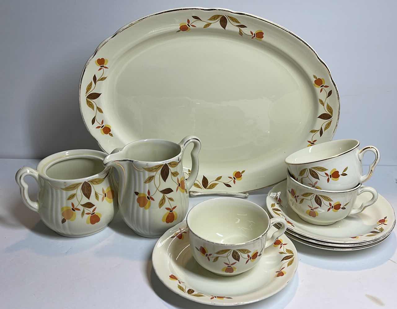 Photo 1 of SUPERIOR HALL QUALITY AUTUMN LEAF PATTERN -1 SERVING TRAY - 3 TEA CUPS - 4 SAUCERS -