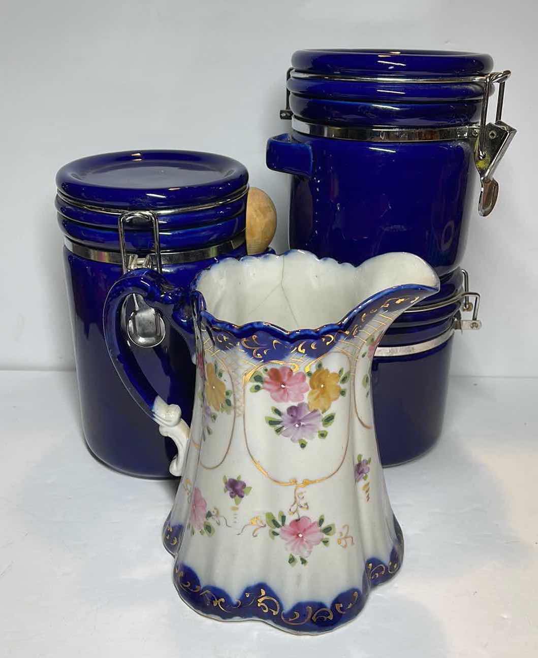 Photo 1 of GIBSON CANISTERS AND HANDPAINTED VINTAGE PITCHER