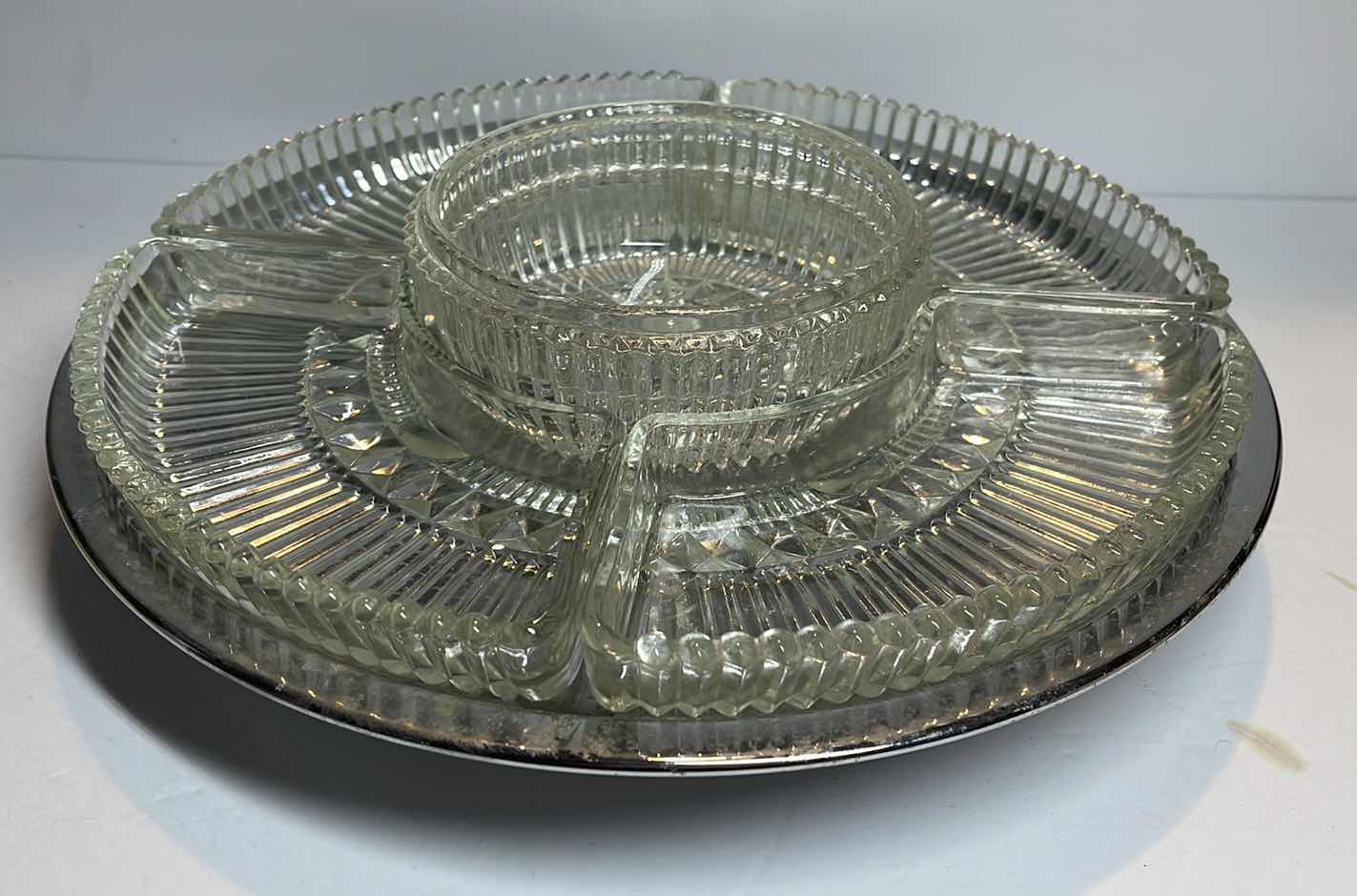 Photo 1 of MCM VINTAGE CHROME & GLASS LAZY SUSAN RELISH SET